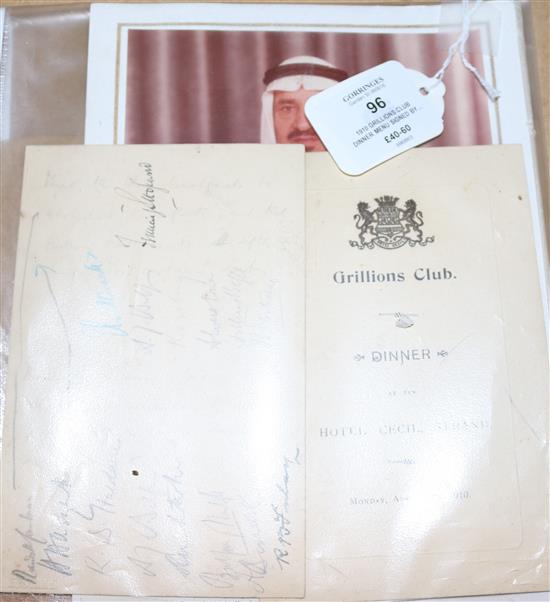 1910 Grillions Club dinner menu signed by Asquith, Balfour, Birrell & others & a signed photograph of Salman bin Abdulaziz Al Saud
